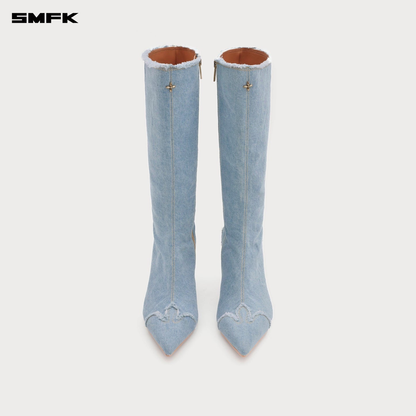 COMPASS DENIM POINTED-TOE HIGH HEEL BOOTS