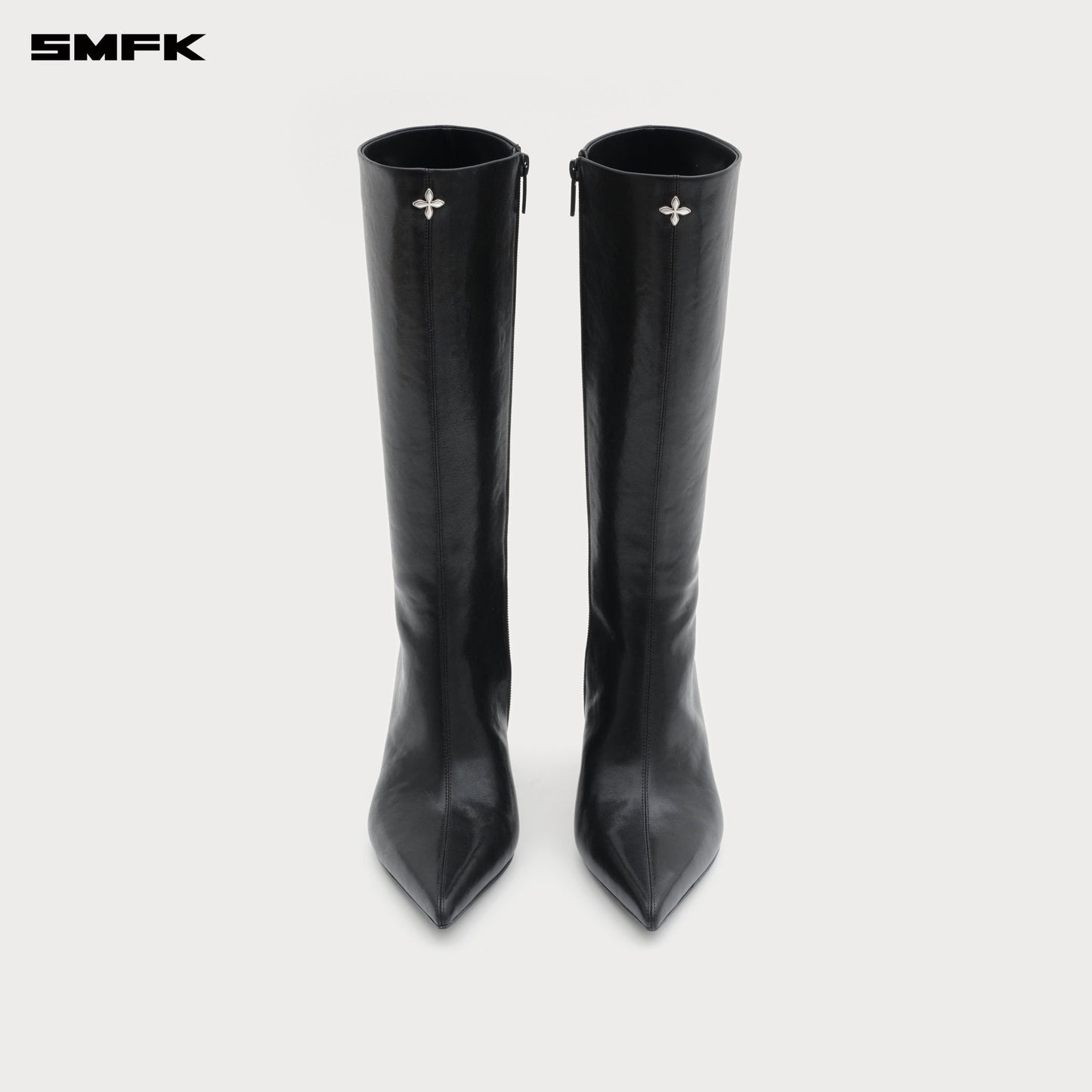 COMPASS RIVET LEATHER HIGH HEEL BOOTS BLACK