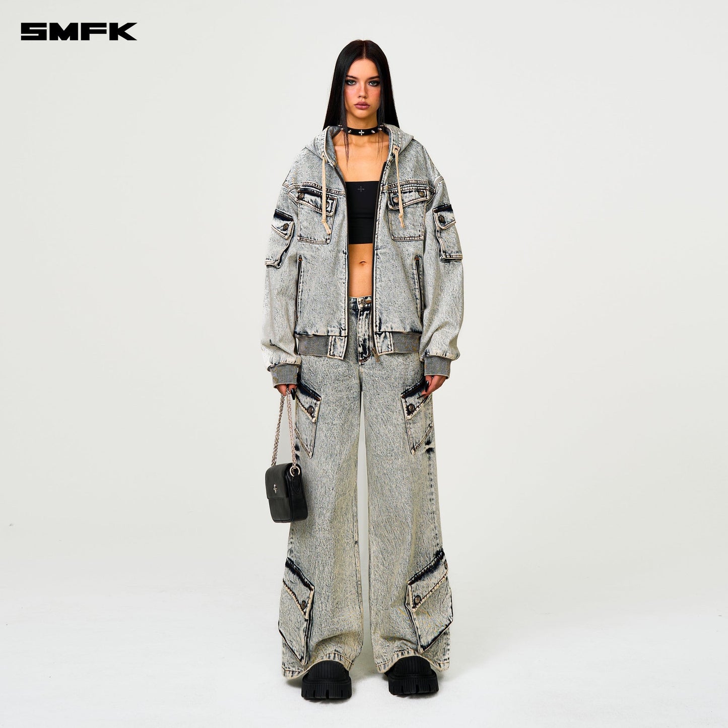 COMPASS STORM GARDEN OVERSIZE DENIM HOODIE WHITE