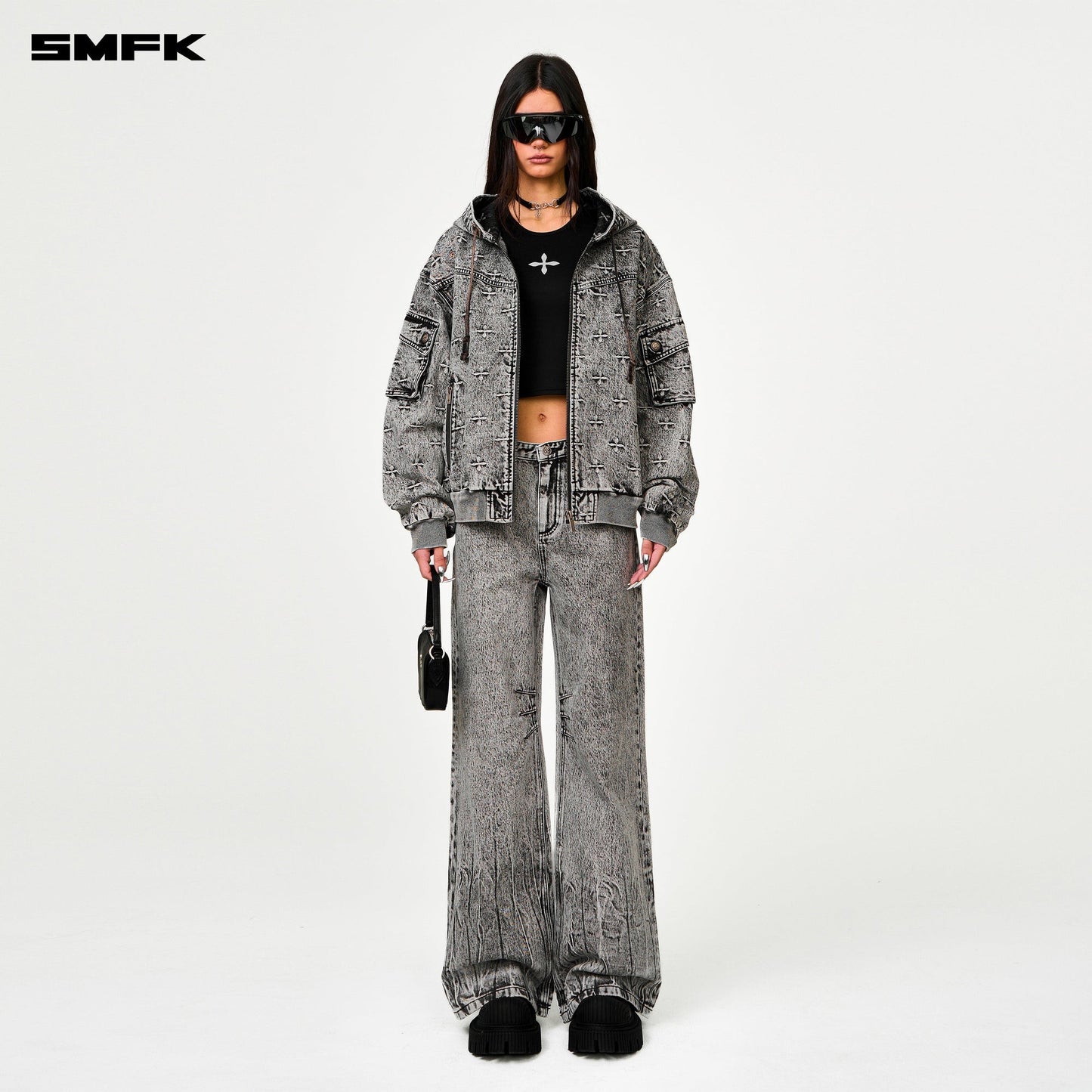 COMPASS STORM GARDEN OVERSIZE DENIM HOODIE GRAY