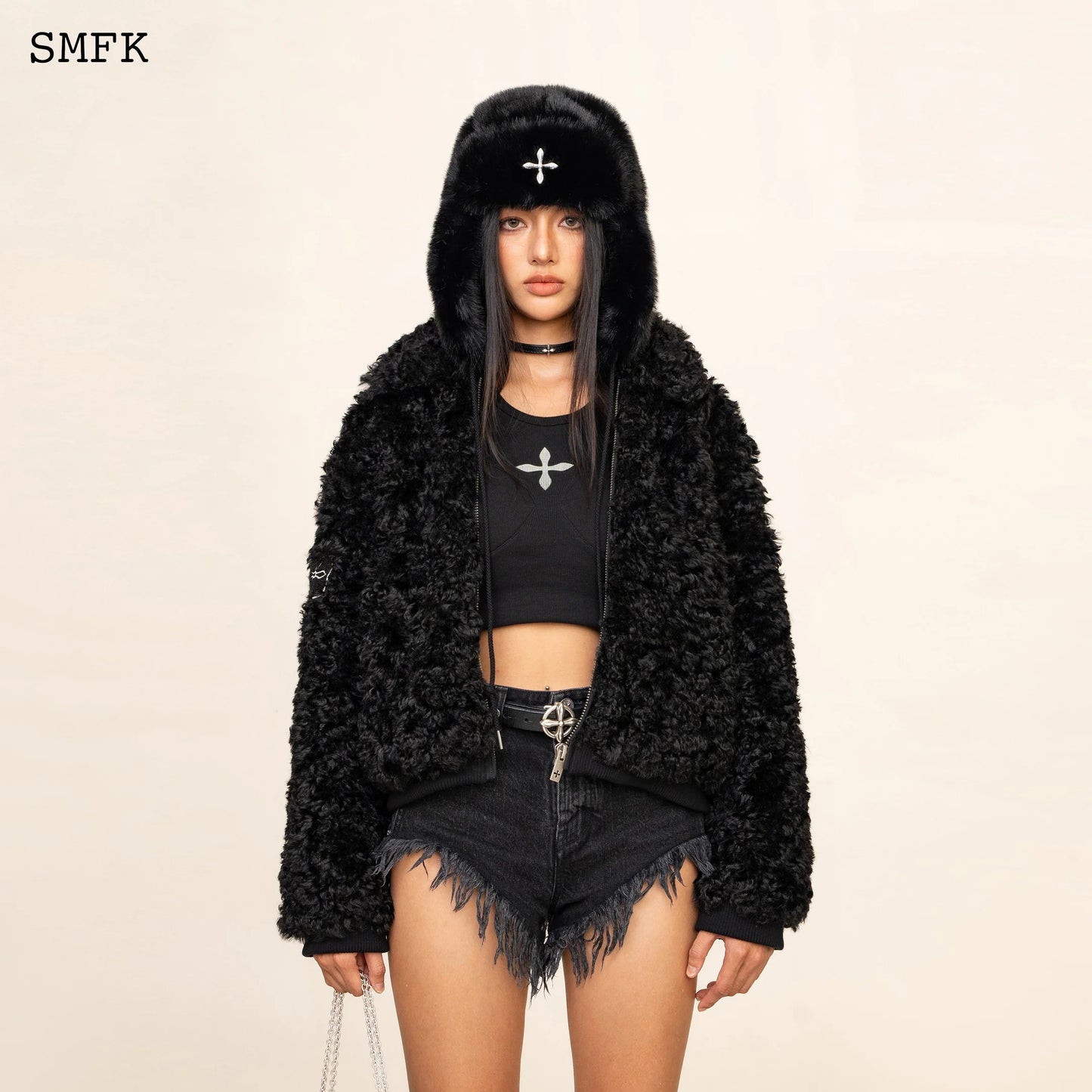 Wildworld Adventure Short Faux Fur Jacket In Black