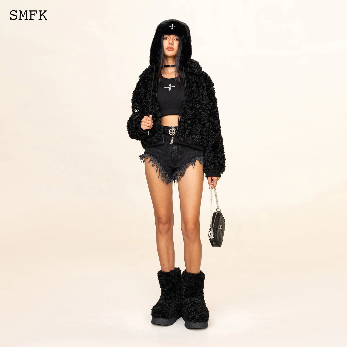 Wildworld Adventure Short Faux Fur Jacket In Black