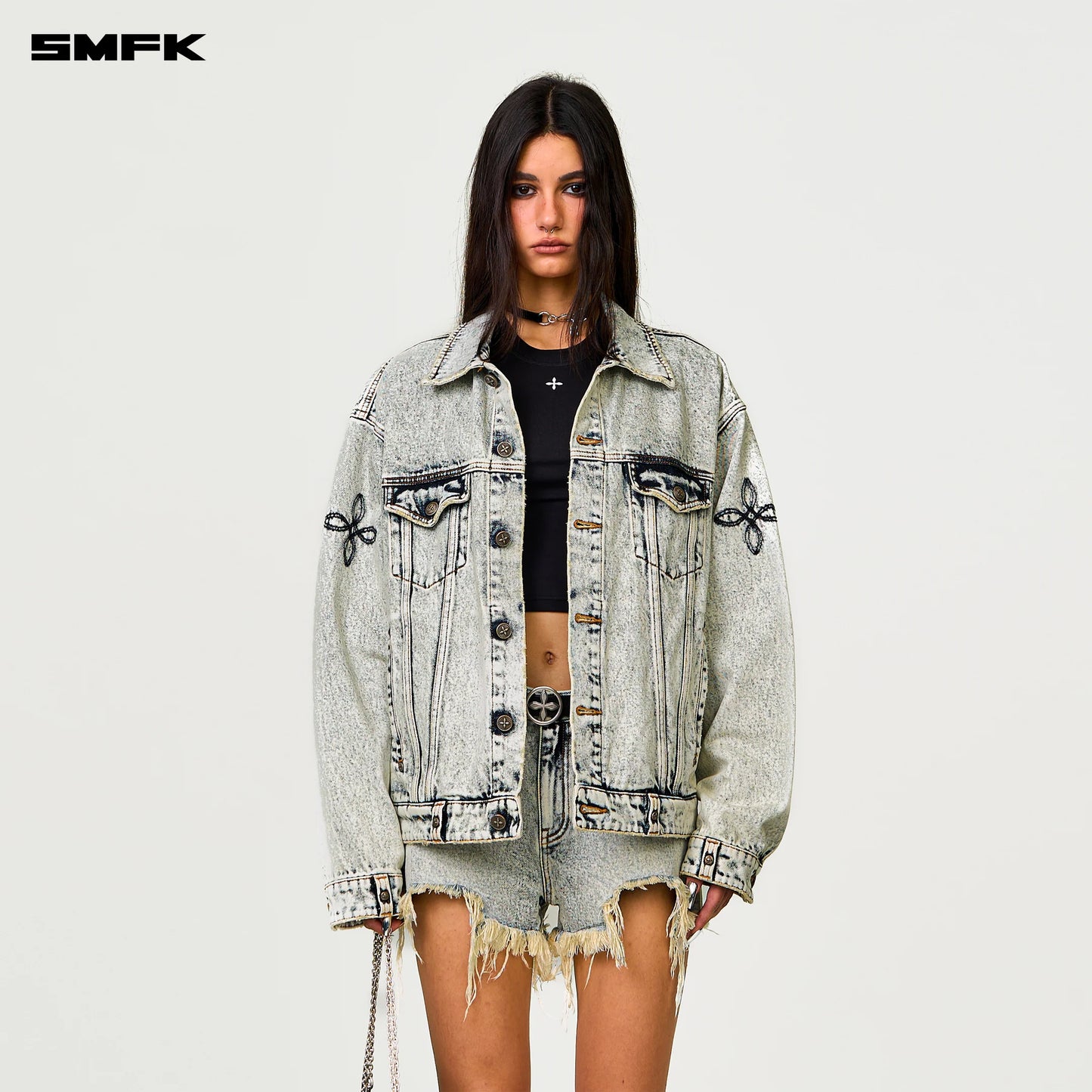COMPASS WILD MUSTANG FLOWER ARM DENIM JACKET SNOWFLAKE