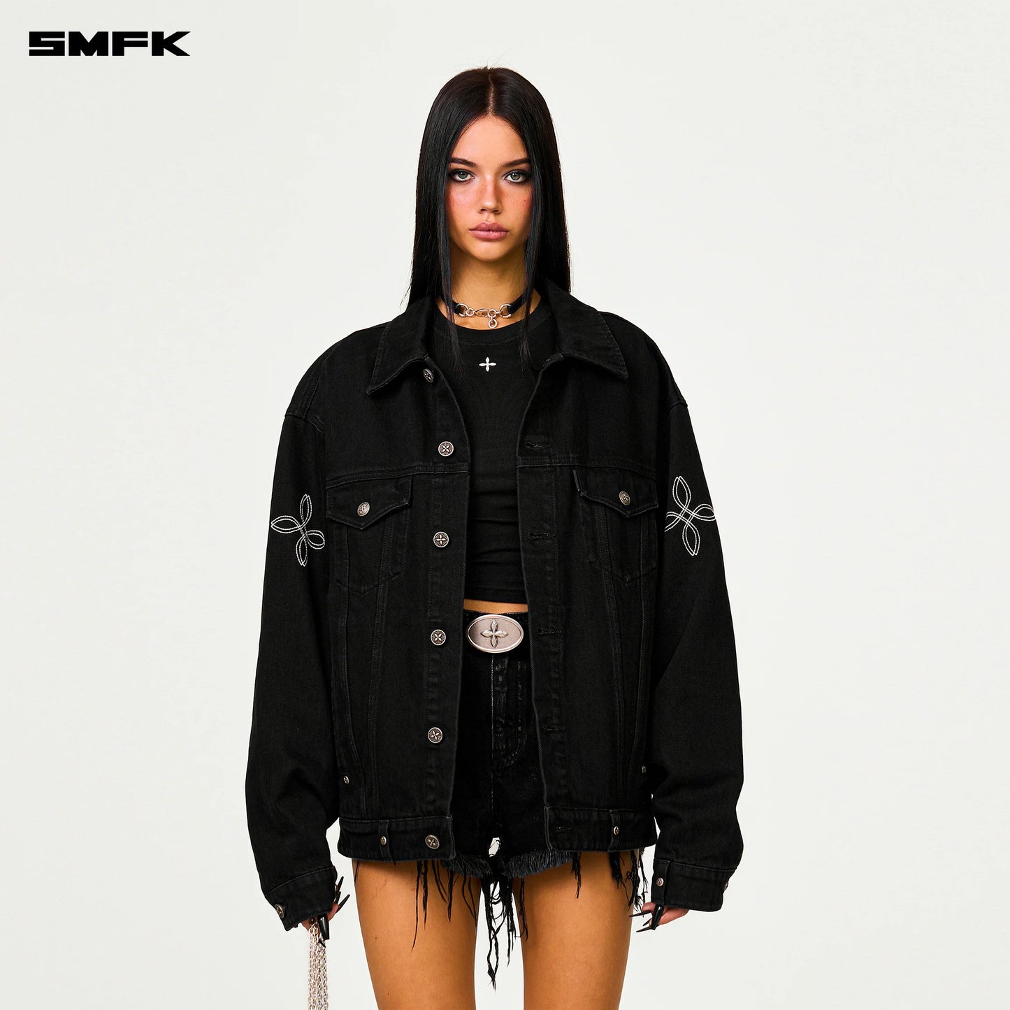 COMPASS WILD HORSE FLOWER ARM DENIM JACKET WILDERNESS BLACK