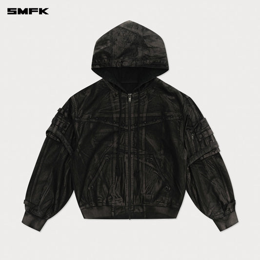 COMPASS MUSTANG LIGHTNING WAXED DENIM HOODIE - LIGHTNING BLACK