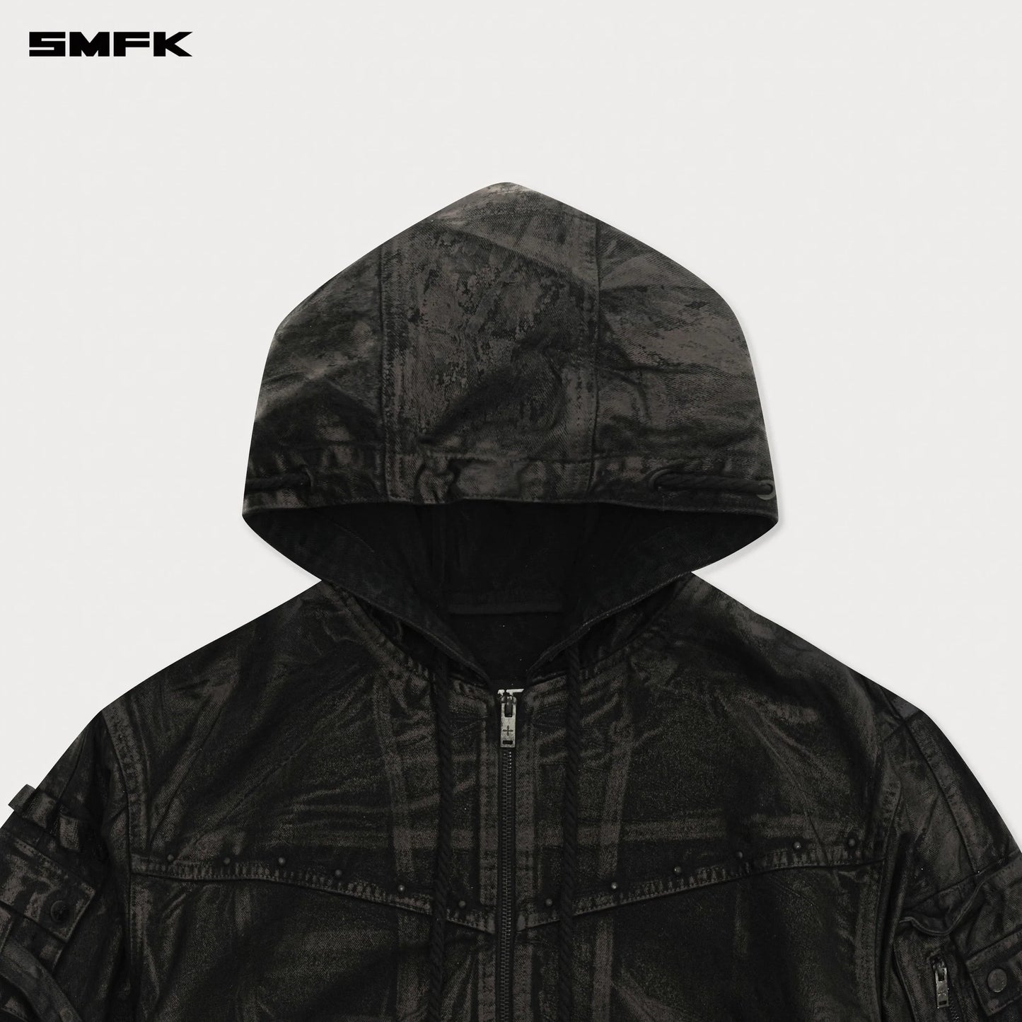 COMPASS MUSTANG LIGHTNING WAXED DENIM HOODIE - LIGHTNING BLACK