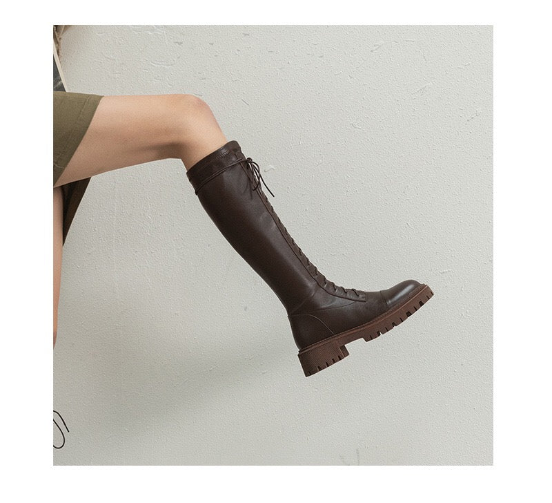 Leather Lace-Up Knee Boots Black
