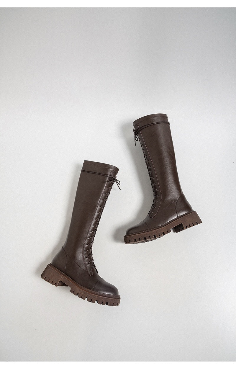 Leather Lace-Up Knee Boots Black