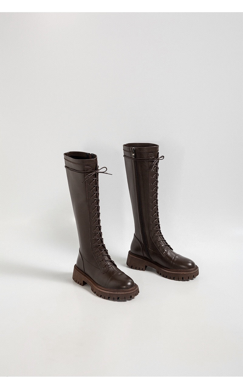 Leather Lace-Up Knee Boots Black