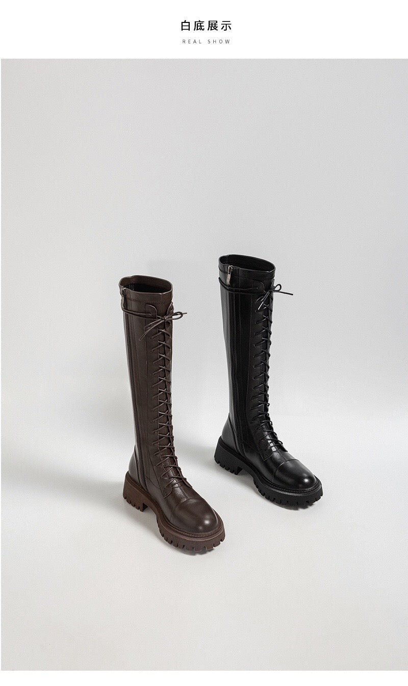 Leather Lace-Up Knee Boots Black