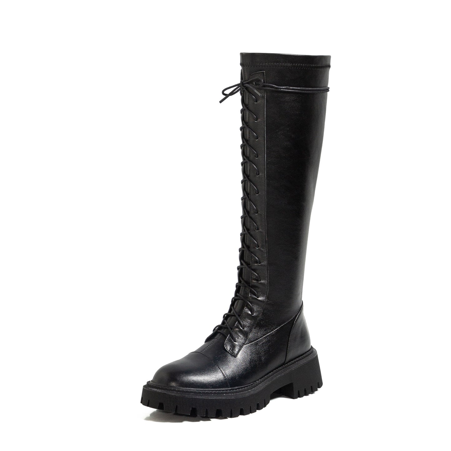 Leather Lace-Up Knee Boots Black