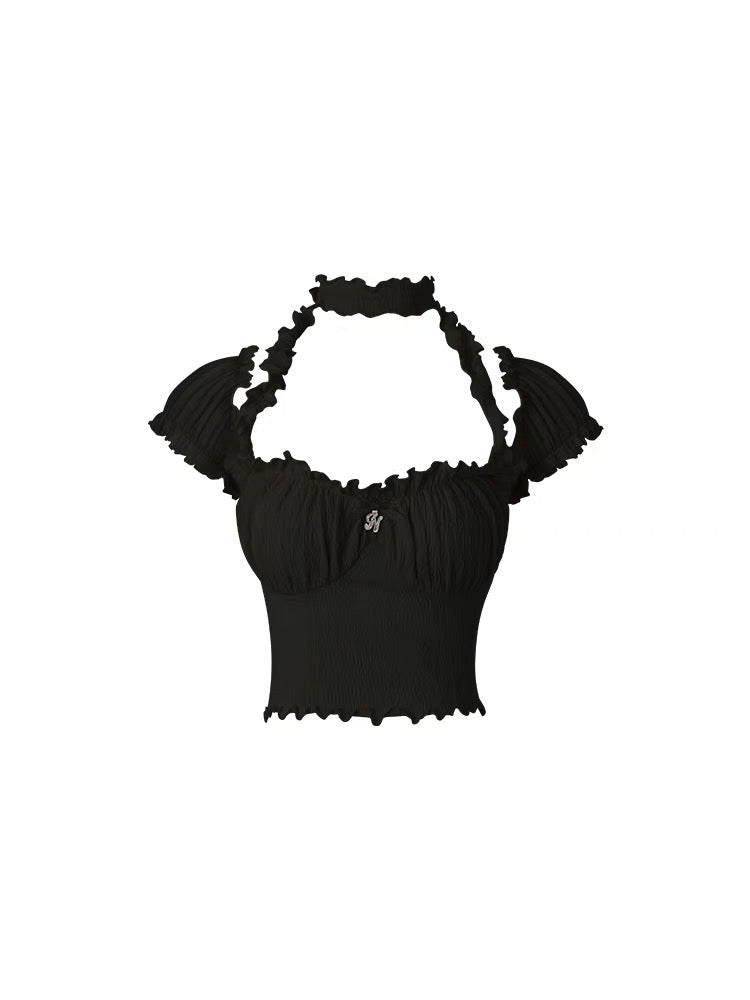 French One-Shoulder Halter Neck Puff Sleeve Top