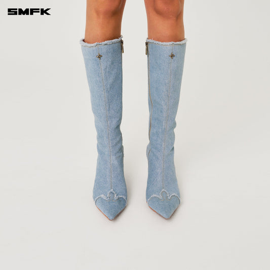 COMPASS DENIM POINTED-TOE HIGH HEEL BOOTS