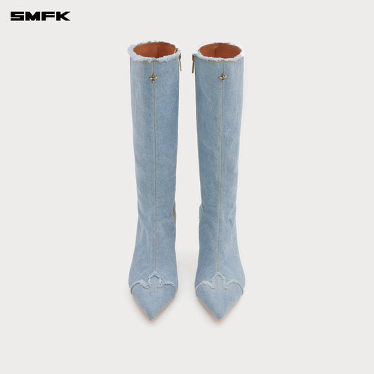 COMPASS DENIM POINTED-TOE HIGH HEEL BOOTS