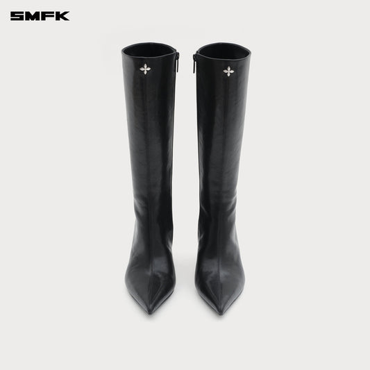 COMPASS RIVET LEATHER HIGH HEEL BOOTS BLACK