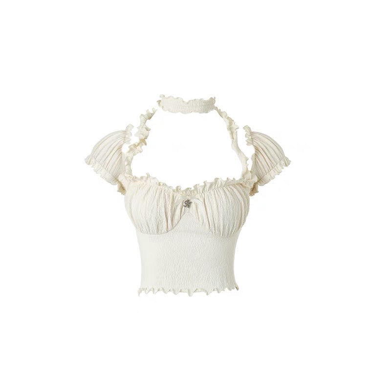 French One-Shoulder Halter Neck Puff Sleeve Top