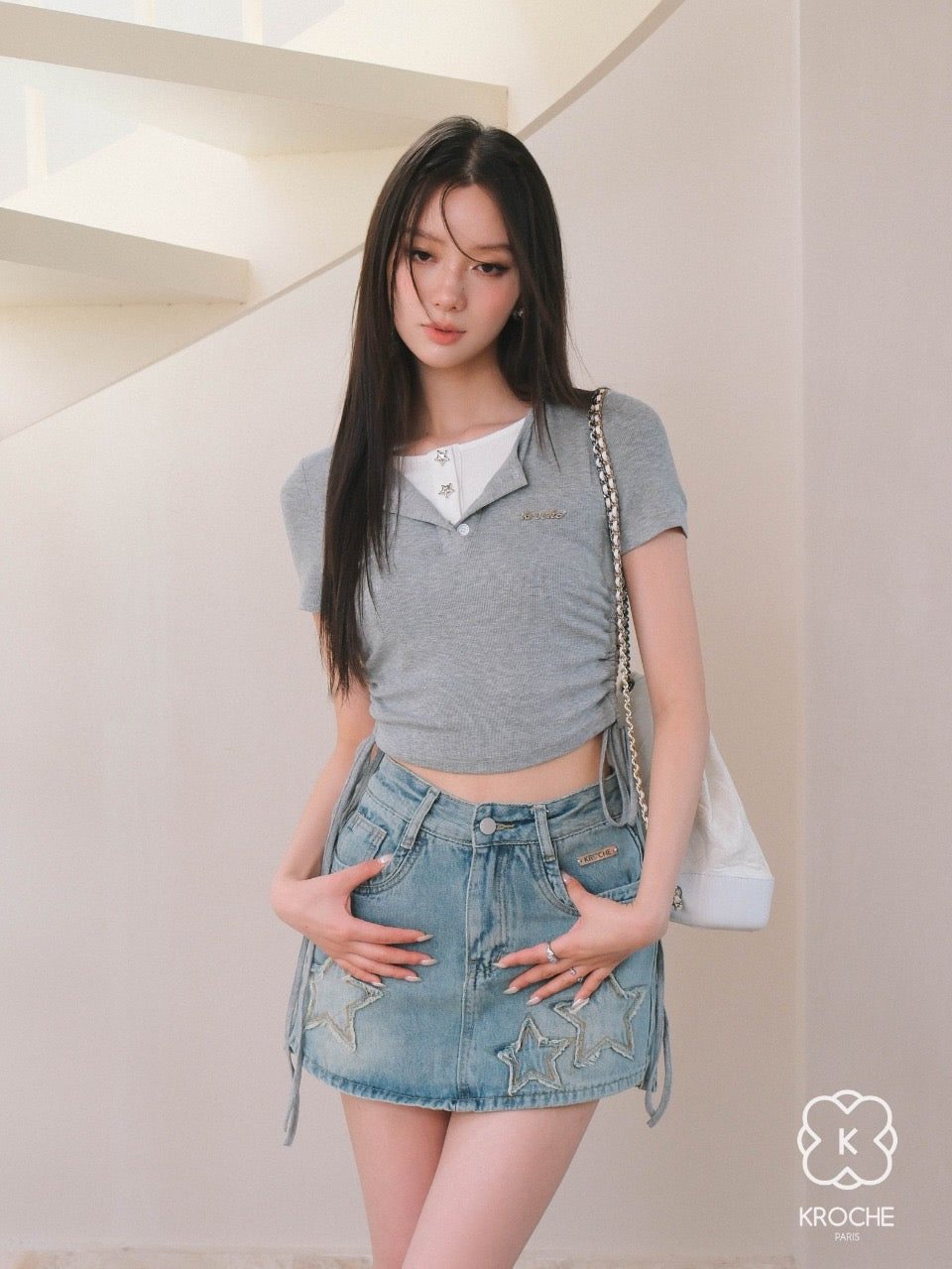 False Two-Piece Contrasting Lapel Star Button Drawstring Short Sleeves