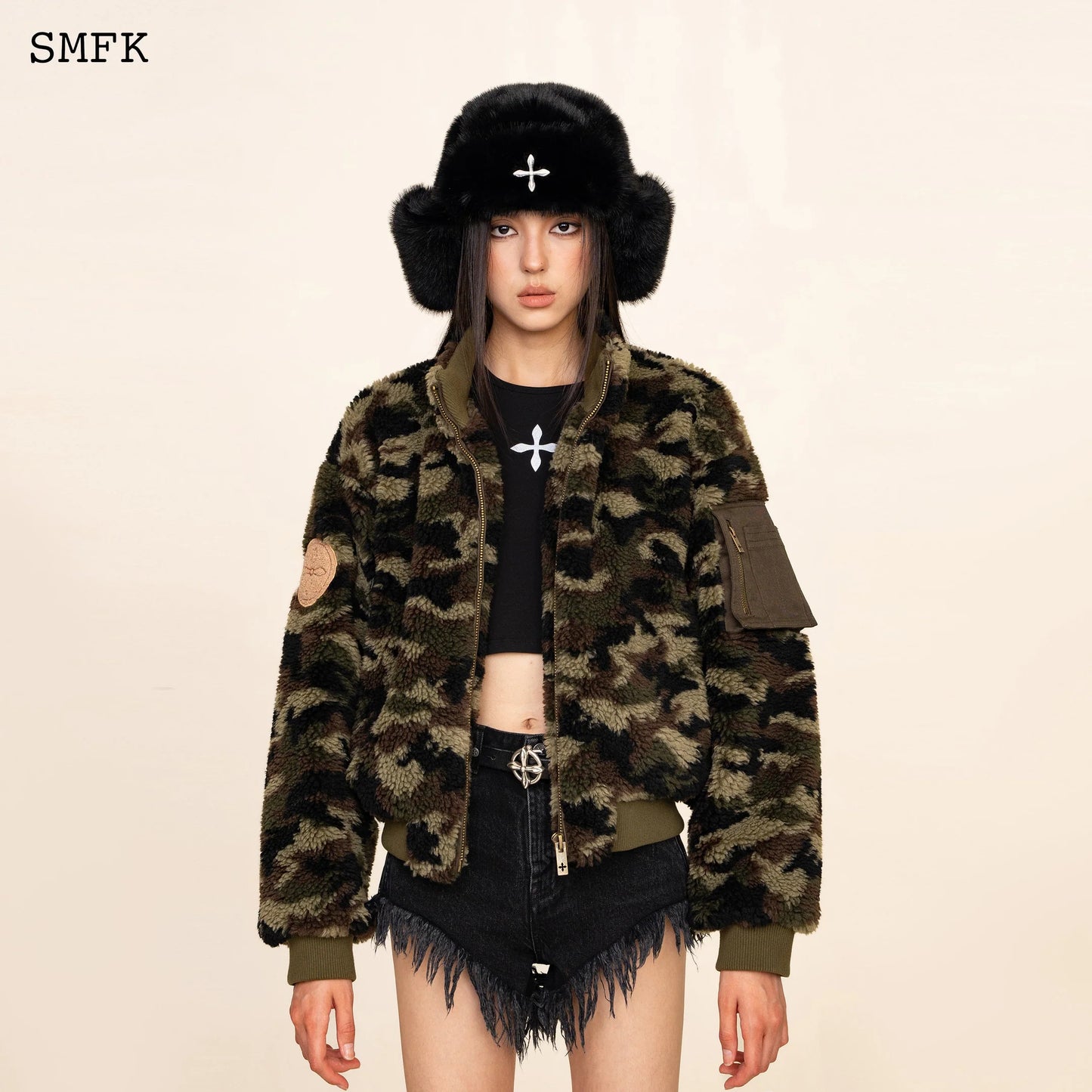 SMFK COMPASS CROSS WINTER FAUX FUR HAT IN BLACK