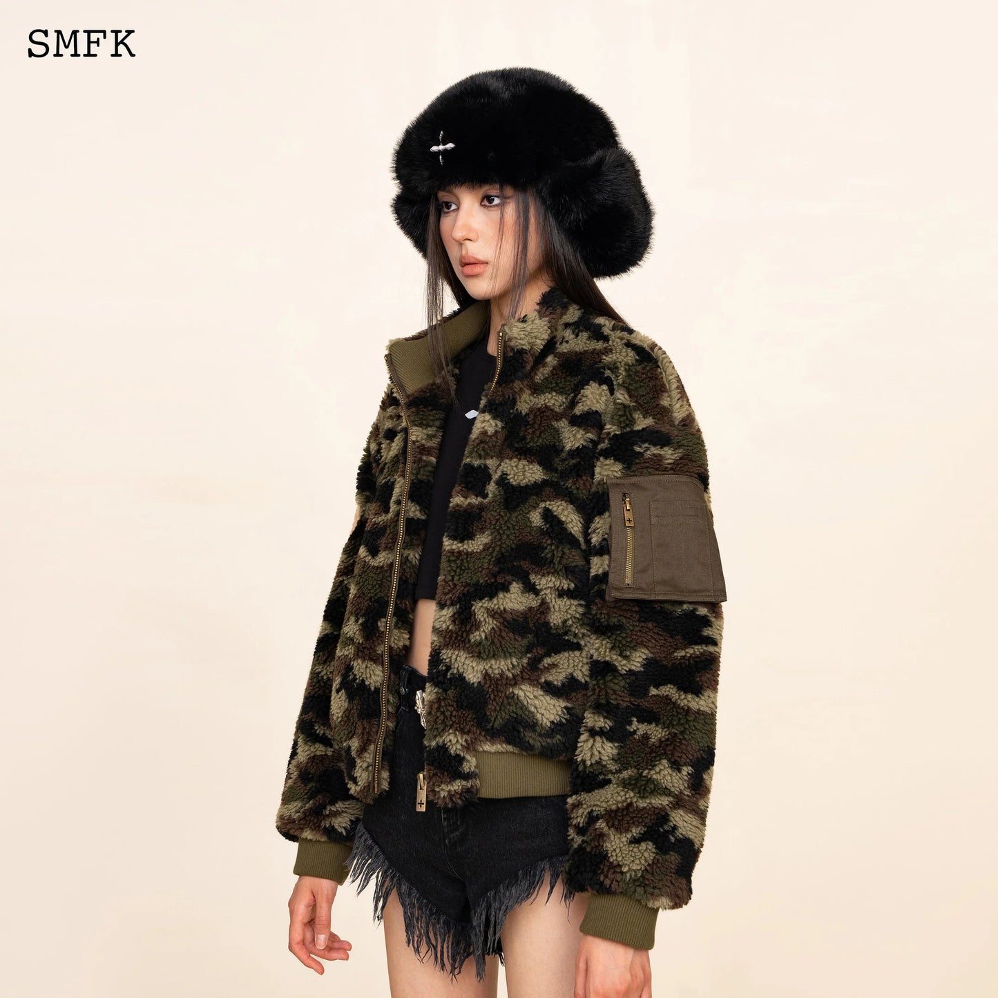 SMFK COMPASS CROSS WINTER FAUX FUR HAT IN BLACK
