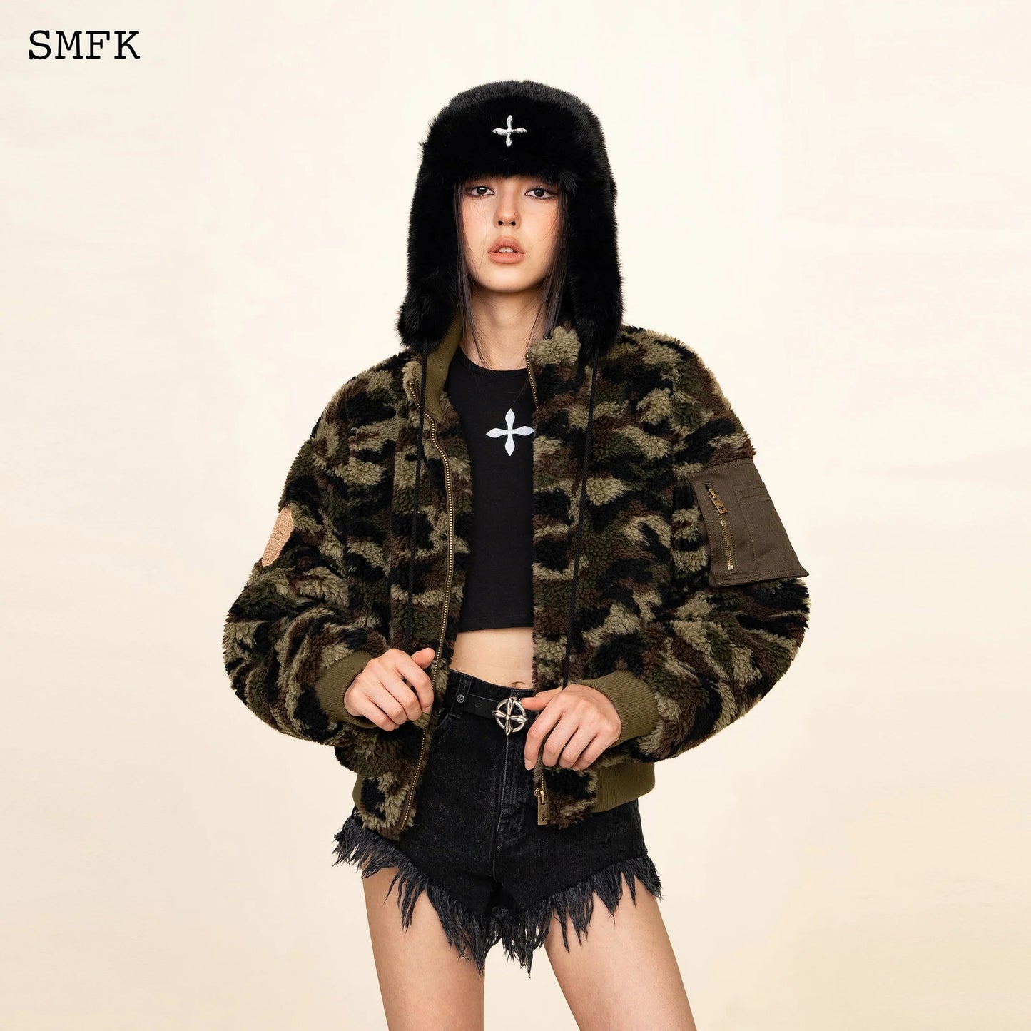 SMFK COMPASS CROSS WINTER FAUX FUR HAT IN BLACK