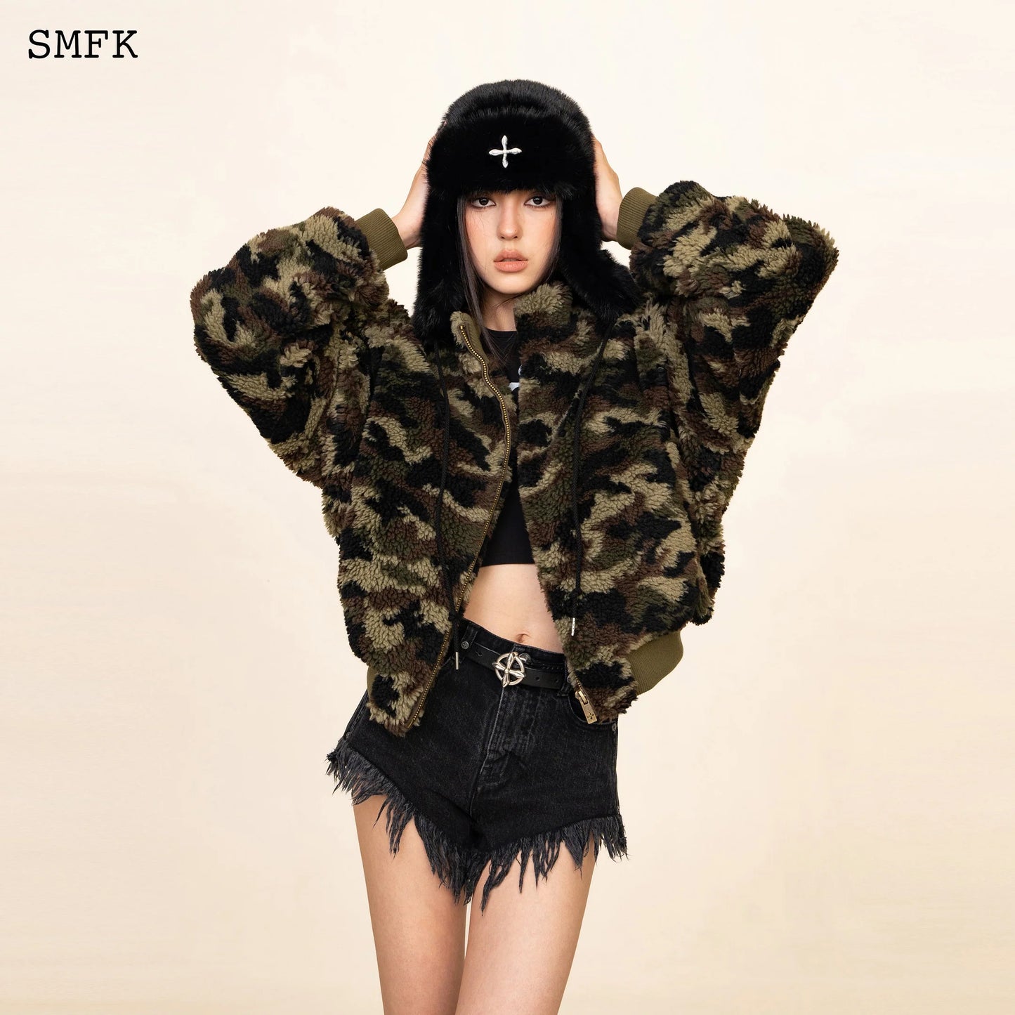 SMFK COMPASS CROSS WINTER FAUX FUR HAT IN BLACK