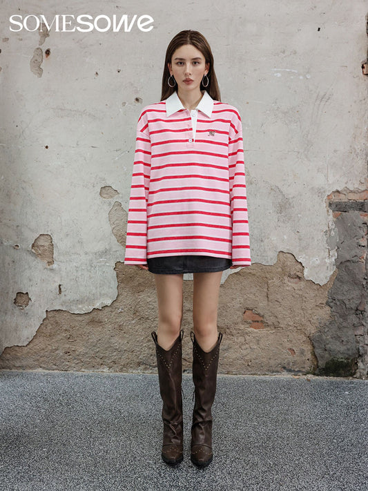 Striped Washed Polo Neck Long Sleeve