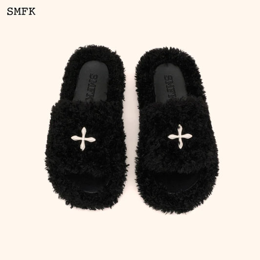 Compass Black Velvet Furry Slipper