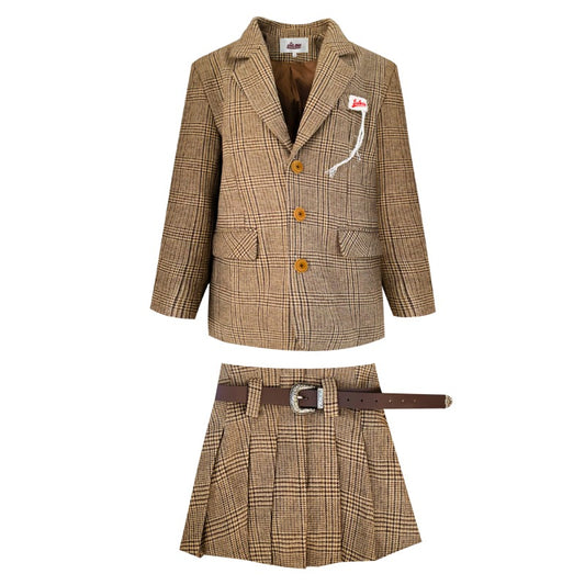 Checked Wool Pleated Skirt Suit Set