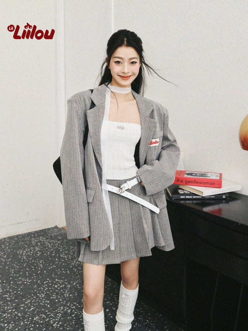 Grey Pleated Skirt  Suit Set