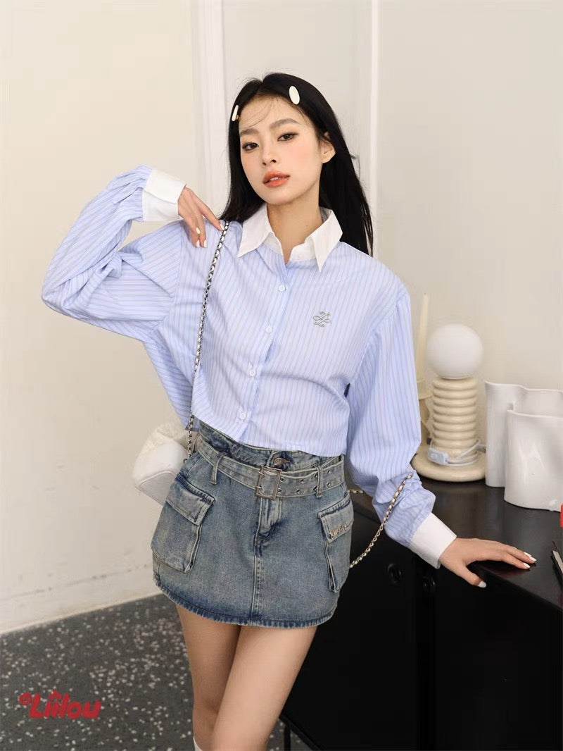 Double-Breasted Belted High-Rise A-Line Denim Culottes