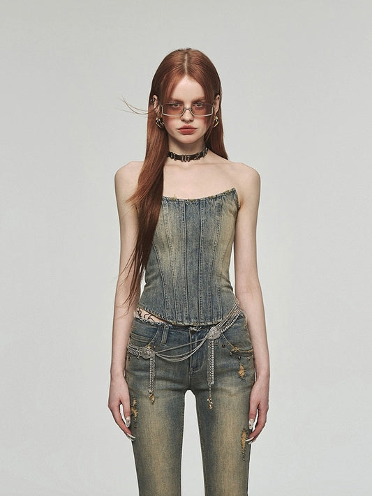Industry Washed Distressed Denim Tube Top