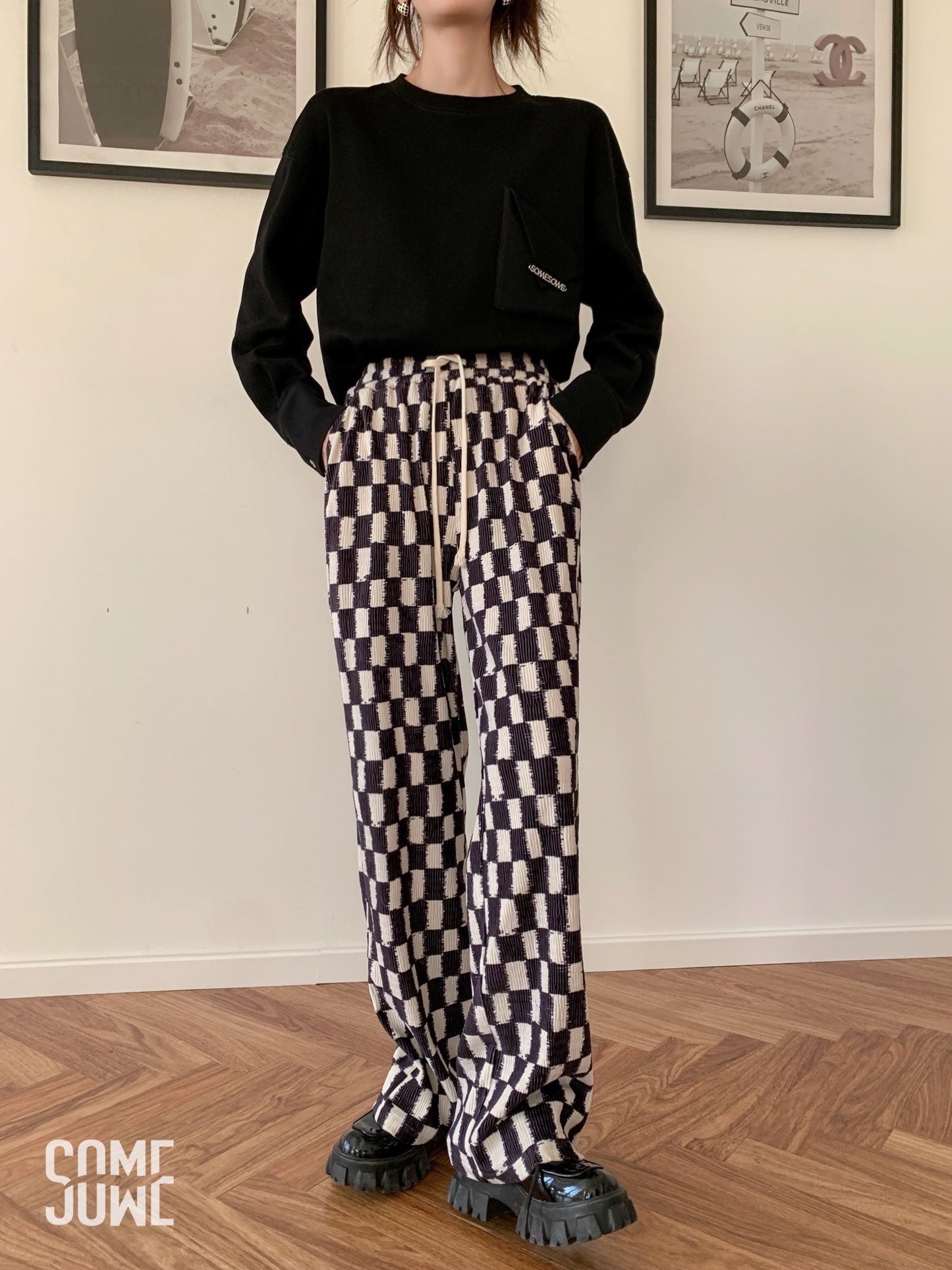 Checkered-board Print Wide-Leg Pants