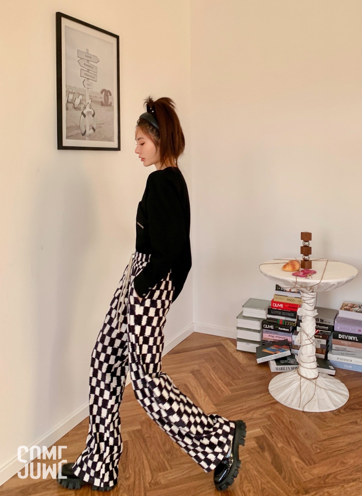 Checkered-board Print Wide-Leg Pants