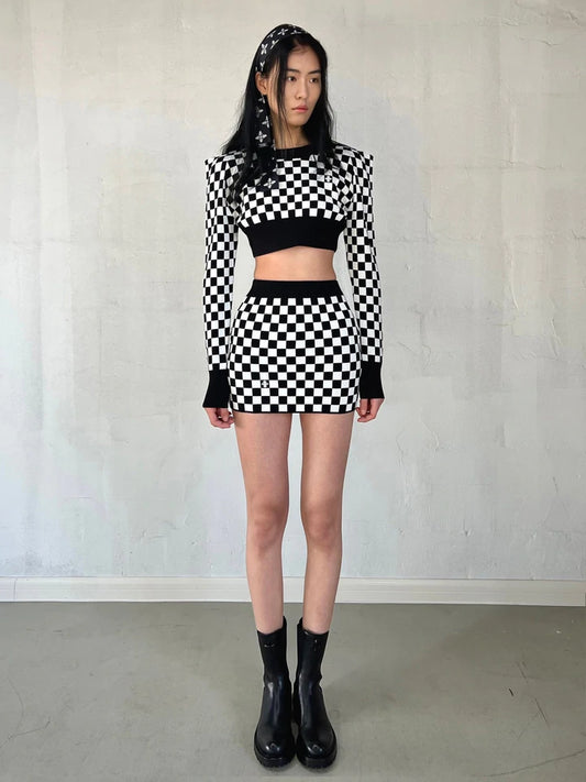 Black and White Grid Knitted Set
