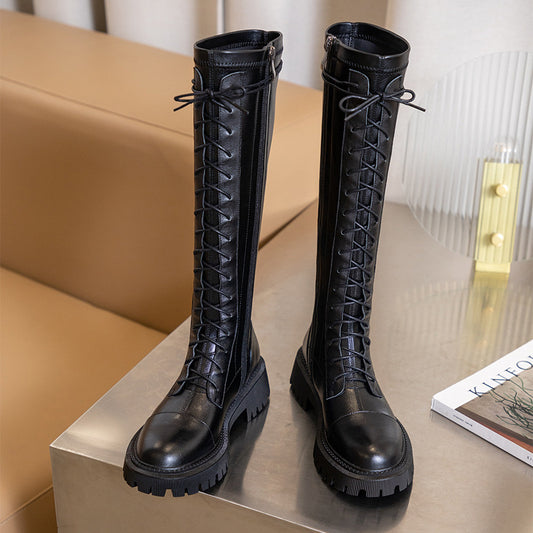 Leather Lace-Up Knee Boots Black