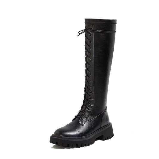 Leather Lace-Up Knee Boots Black