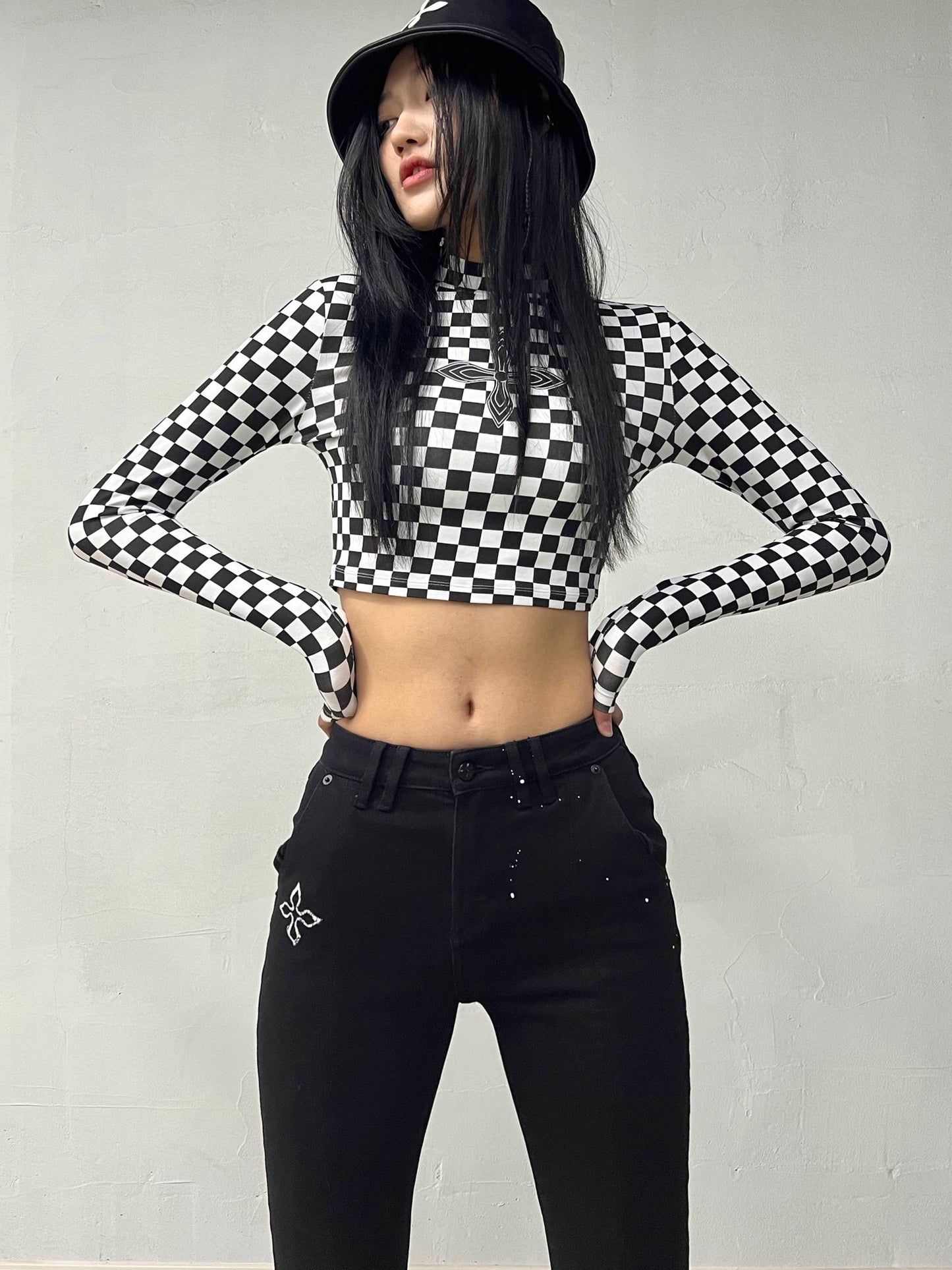 Black and White Grid Turtleneck Top
